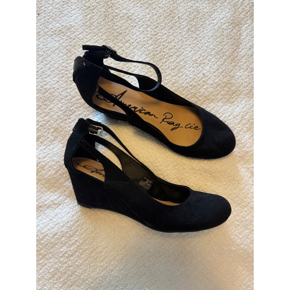 American Rag Amiley Black Faux Suede Wedge Heels Round Toe Ankle Strap Pump 9M